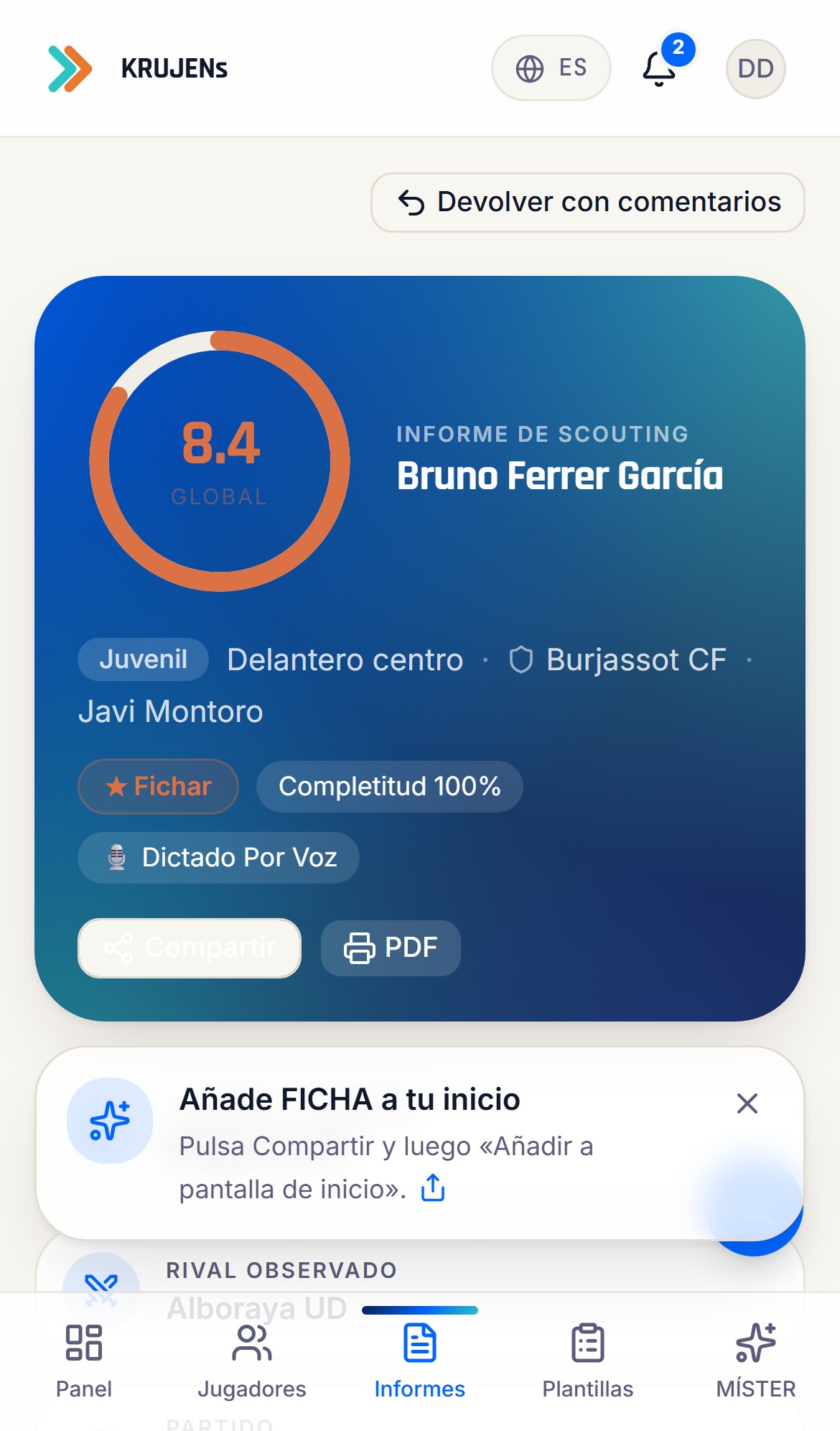 FICHA en el móvil: informe de un jugador y barra de navegación inferior